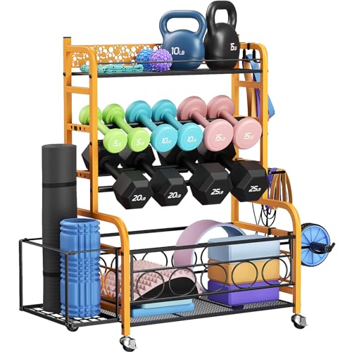 Dumbbell Rack, VOPEAK Weight Rack for Home Gym, Home Gym Storage Rack for Yoga Mat Kettlebells and Strength Training Equipment, Weight Storage Rack for Dumbbells with Wheels
