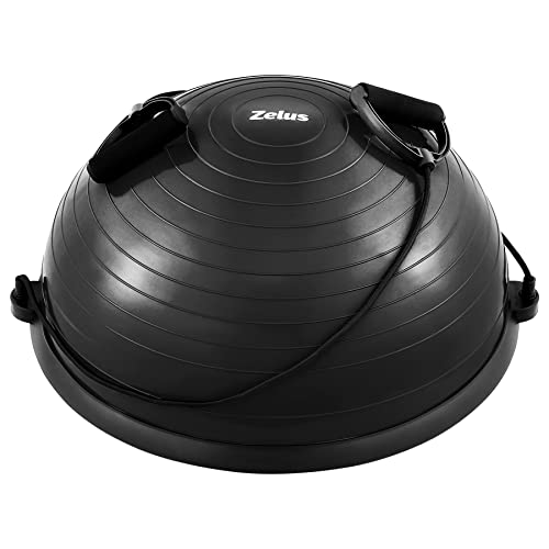 ZELUS Balance Ball Trainer with Resistance Bands and Foot Pump, Inflatable Yoga Ball for Home Gym Workouts, 23 Inch Exercise Half Ball for Balance Training Core Strength Fitness More, 330lb Cap