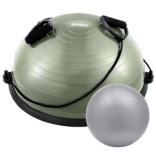 ZELUS Balance Ball Trainer with Resistance Bands and Foot Pump, Inflatable Yoga Ball for Home Gym Workouts, 23 Inch Exercise Half Ball for Balance Training Core Strength Fitness More, 330lb Cap