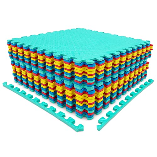 Tangkula 24 Tiles Exercise Flooring Mats with Border, Non-Slip EVA Foam Protective Mats, Elastic Puzzle Play Mats, 1/2" Interlocking Floor Mats for Home Gym, Fitness Room, Workshop Equipment(Colorful)