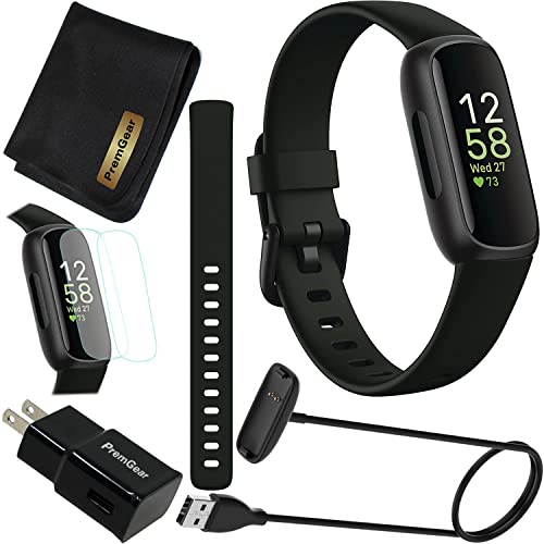 Fitbit Inspire 3 Health & Fitness Activity Tracker (Black) with Workout Intensity, Sleep Tracking, Heart Rate, S & L Bands, 3.3foot Charging Cable, Wall Protectors & PremGear Cloth