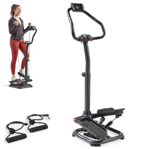 Sunny Health & Fitness 2-in-1 Premium Power Stepper with 400lbs Weight Capacity and Resistance Bands, Low-Impact Cardio, Space-Saving, Height-Adjustable, with Bluetooth and Free SunnyFit App