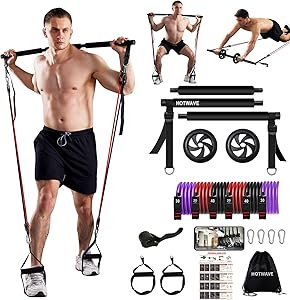HOTWAVE Pilates Bar Kit with Resistance Bands. Fitness Bar with Ab Roller for Abs Workout. Squat Machine.Core Strength Training Equipment.Portable Home Gym for Men and Women