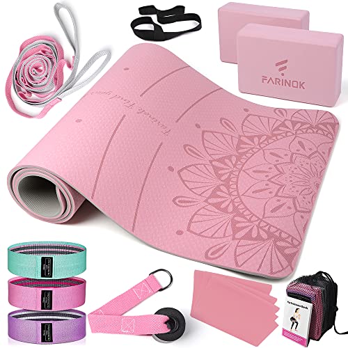 1/3 Yoga Mat Thick, Yoga Set for Beginners Include High Density Mat with Multi-loops Strap, Blocks, Booty Resistance Band Set, Door Anchor, Carring Bag & Strap