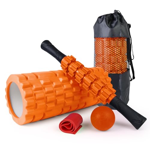 5 in1 Foam Roller Set, Trigger Point Foam Roller, Massage Roller Stick, Massage Ball, Resistance Band for Deep Muscle Massage Pilates Yoga,Fitness Exercise for Whole Body Release