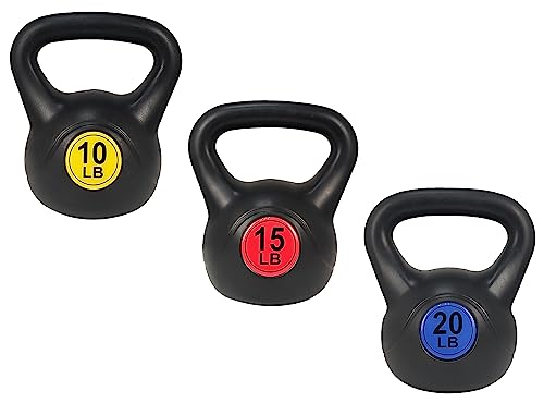 Wide Grip 3-Piece Kettlebell Exercise Fitness Weight Set, Include 5 lbs, 10 lbs, 15 lbs and 20 lbs, Set of 3 or Set of 4