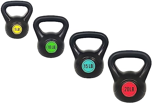 Fitvids Wide Grip 3-Piece Kettlebell Exercise Fitness Weight Set, Include 5 lbs, 10 lbs, 15 lbs and 20 lbs, Set of 3 or Set of 4
