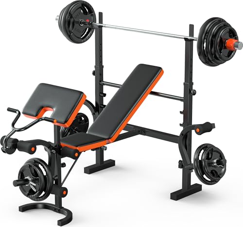 XDDIAS Weight Bench, 770LBS Bench Press Set with Leg Extension, 6 in 1 Olympic Weight Bench for Home Gym, Adjustable Workout Bench with Rack & Preacher Pad, Flat Incline Bench for Weight Lifting