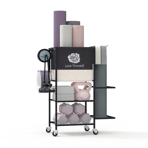 Yoga Mat Storage Rack,Home Gym Storage Rack Gym Workout Equipment Storage Organizer Fitness Weight Rack on Wheels for Yoga Mat,Yoga Block,Foam Roller,Resistance Band,Dumbbell,Kettlebell and Other Workout Accessories