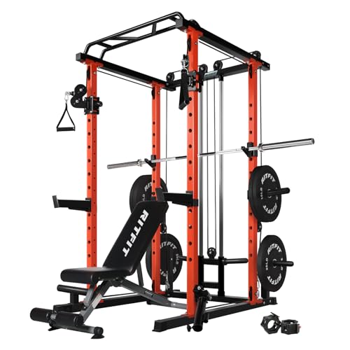 RitFit Multi-Function Squat Rack Power Cage PPC03 with Cable Crossover System, 1000LBS Capacity Power Rack and Packages with Optional Weight Bench, Barbell Weight Set, for Garage Workout & Home Gym