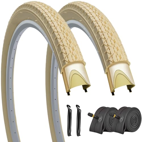 SIMEIQI 1 or 2 Pack 26"x2.125" Cruiser Beach Bike Tires Cream Color with or Without Inner Tubes 26"x1.75"/2.125" Replacement Folding Bicycle Tyres for City Commuter Urban Pavement