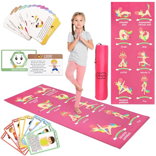 Garybank Kids Yoga Mat Set - Non-slip Exercise Mats with Fun Prints - 12 Yoga Cards - Carrier Bag - Odor Free Non-Toxic, Cute Yoga Mat for Girls & Boys (60 X 24 X 0.2 Inch)