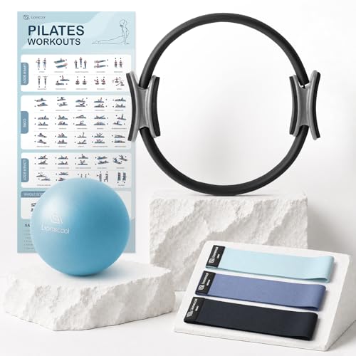 LIONSCOOL Pilates Ring Set  14" Anti-Deformation Magic Circle with Padded Handles, Mini Ball, Resistance Bands, Guide & Bag
