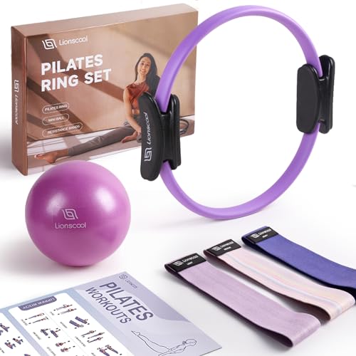 LIONSCOOL Pilates Ring Set  14" Anti-Deformation Magic Circle with Padded Handles, Mini Ball, Resistance Bands, Guide & Bag