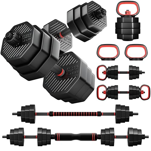 KeppiFitness Adjustable Dumbbell Set, 30/40/50/70/90 lb Weight Set with Connector Bar, 4 in 1 Workout Gear with Dumbbell, Kettlebell, Barbell, Push up Handle for Home Gym Fitness Exercise