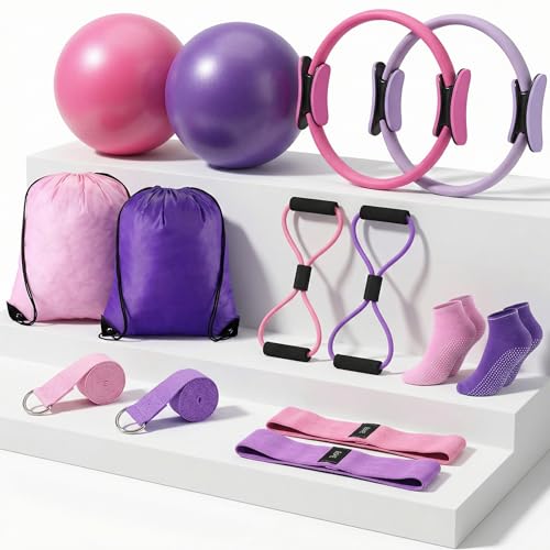 Poen Home Pilates Kit for Women Pilates Equipment Ring and Ball Set with Stretching Strap 8 Resistance Bands Non Slip Socks Gym Back Bags Exercise Equipment for Workout
