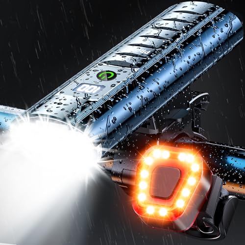 High Lumen Bike Light Set, Prasky Rechargeable Bicycle Lights Front and Rear, Super Bright LED Headlight, IP65 Waterproof Multiple Modes Road Mountain Bike Lights for Night Riding
