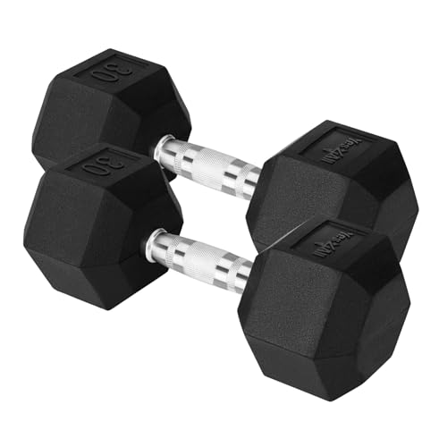 Yes4All Chrome/Rubber Grip Encased Hex Dumbbells  Hand Weights With Anti-Slip 10-30 LBS Pair