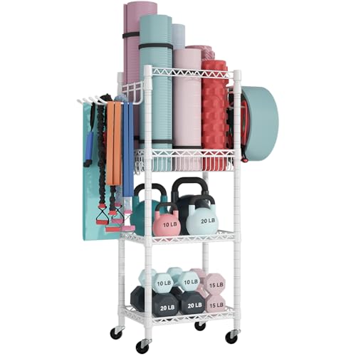 FUTASSI Home Gym Storage, 3 Tiers Workout Equipment Organizer with Wheels for Yoga Mats, Foam Roller, Dumbbells, Kettlebells, and Resistance Bands