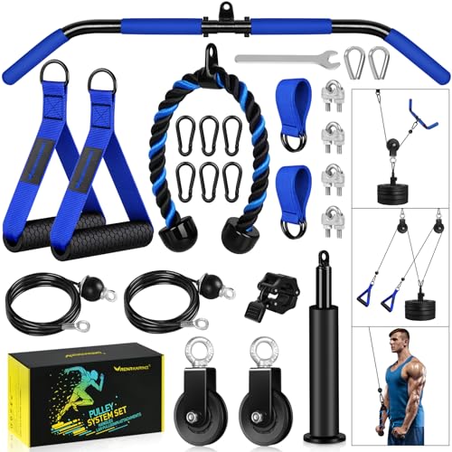 RENRANRING Pulley System, Weight Cable Pulley System for Home Gym,Cable Machine Attachment with 2 in 1 LAT Pull Down Bar,Tricep Rope,Long Strap,Exercise Handles for Biceps Curl, Forearm
