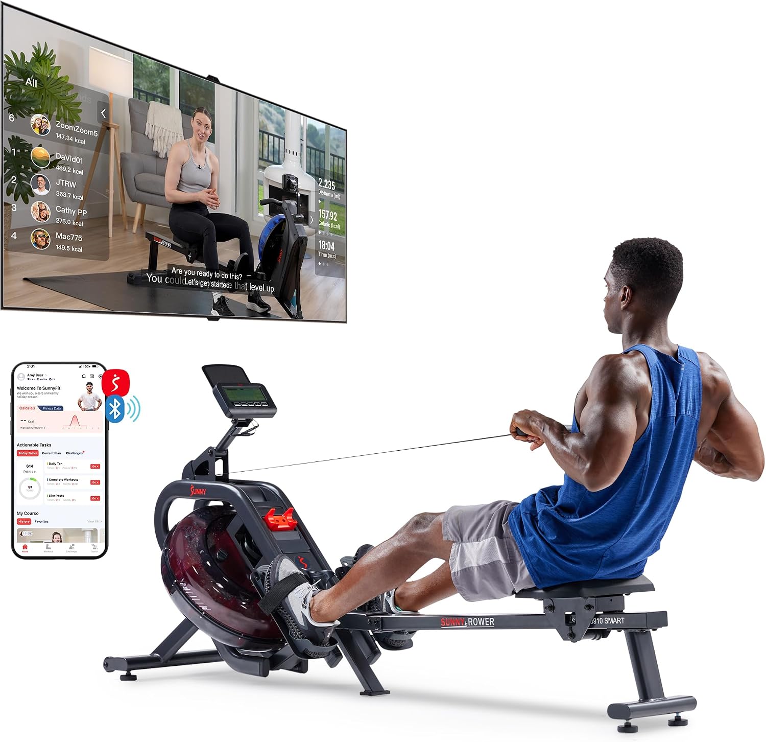 Sunny Health & Fitness Flip & Foldable Rowing Machine for Home w/Extended Slide Rail, Full-Body Workout, Low-Impact, Optional Extra Long Rail, Quiet Rail Cover, Water Motion and Free SunnyFit App