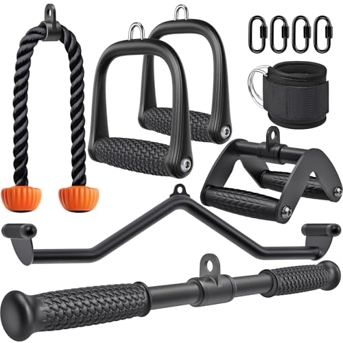 SELEWARE Triceps LAT Pulldown Attachments Home Gym Workout Accessories with Non-Slip Soft Rubber Grip Cable Machine Attachments Triceps Rope Double D Row Handle Pull Down Bar Straight Bar Exercise