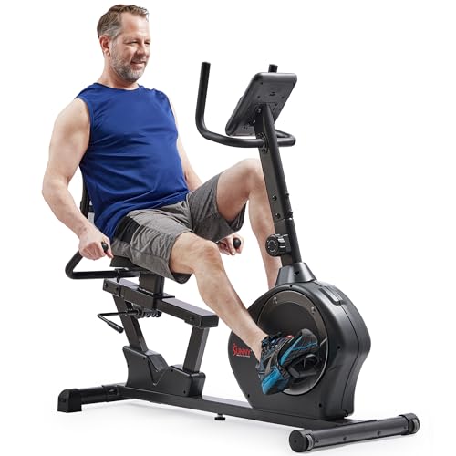 Sunny Health & Fitness Smart Heavy-Duty Recumbent Bike w/Wide Cushioned Seat & Back, Indoor Cycling Machine for Adult/Seniors Home Exercise, Free SunnyFit App Connect, Optional Workout Training Bands