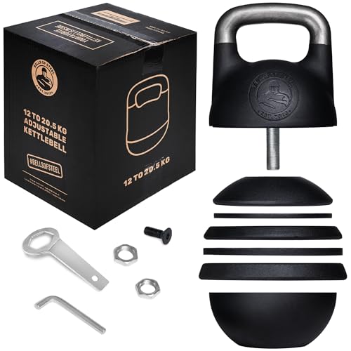 Adjustable Kettlebell Set [Bells of Steel] Kettle Bell Weight Set, Steel Shell, Internally-Loaded for Full Body Workouts, Competition Standard 35mm Handle, 12-20.5kg