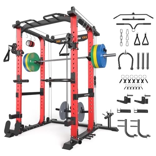 Sportsroyals Power Cage,1600lbs Multi-Function Power Rack with Adjustable Cable Crossover System and More Training Attachment, Weight Cage for Home Gym