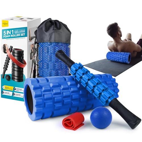 5 in 1 Foam Roller Set for Deep Tissue Muscle Massage, High Density Trigger Point Fitness Patented Exercise Foam Roller, Massage Roller, Massage Ball, Resistance Band, for Whole Body