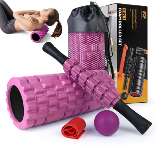 5 in 1 Foam Roller Set for Deep Tissue Muscle Massage, High Density Fitness Exercise Foam Roller, Massage Roller, Massage Ball, Resistance Band, for Whole Body (Pink-Black)
