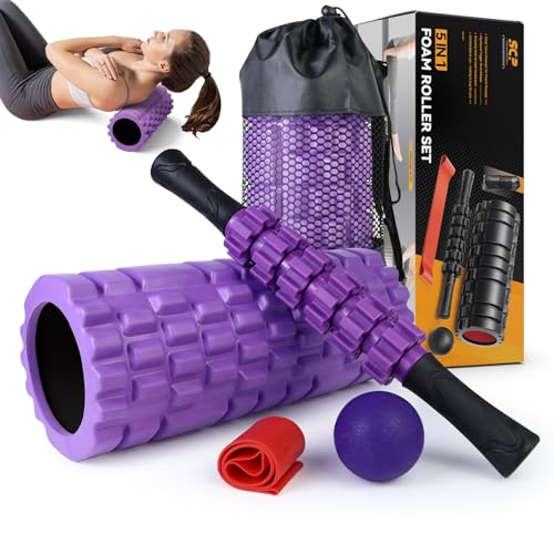 5 in 1 Foam Roller Set for Deep Tissue Muscle Massage, High Density Trigger Point Fitness Patented Exercise Foam Roller, Massage Roller, Massage Ball, Resistance Band, for Whole Body(Purple)