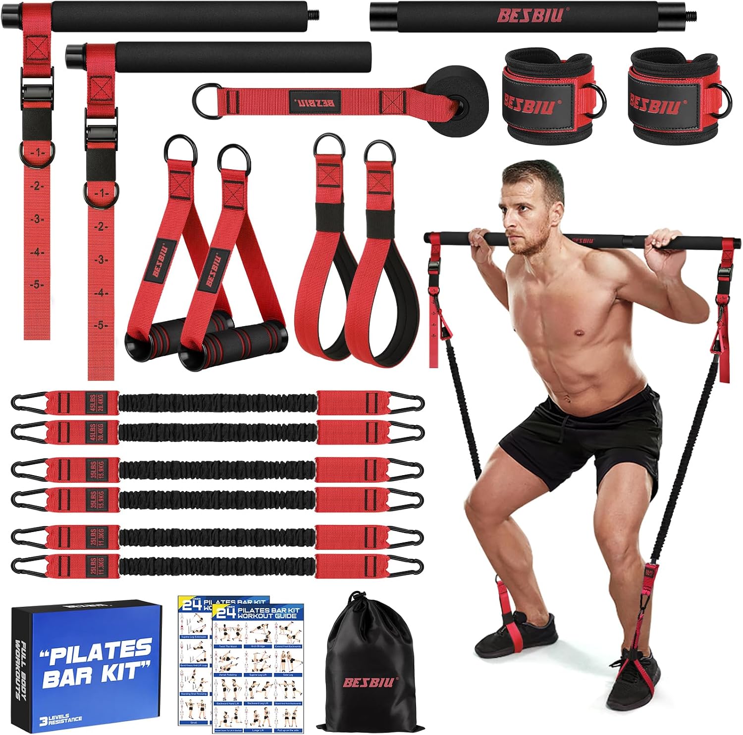 Pilates Bar Kit with Resistance Bands for Working Out, 210lbs Heavy Resistance Bands with Handles, Pilates Equipment with Resistance Band Bar for Men Women, at Home Gym Full Body Workout Equipment