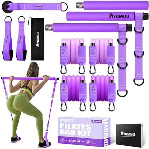 Pilates Bar Kit with Resistance Bands, Pilates Workout Equipment for Legs, Hip, Waist, Arm, Squats Exercise Equipment for Home Workouts, Adjustable 3-Section Pilates Bar Kit for Women & Men