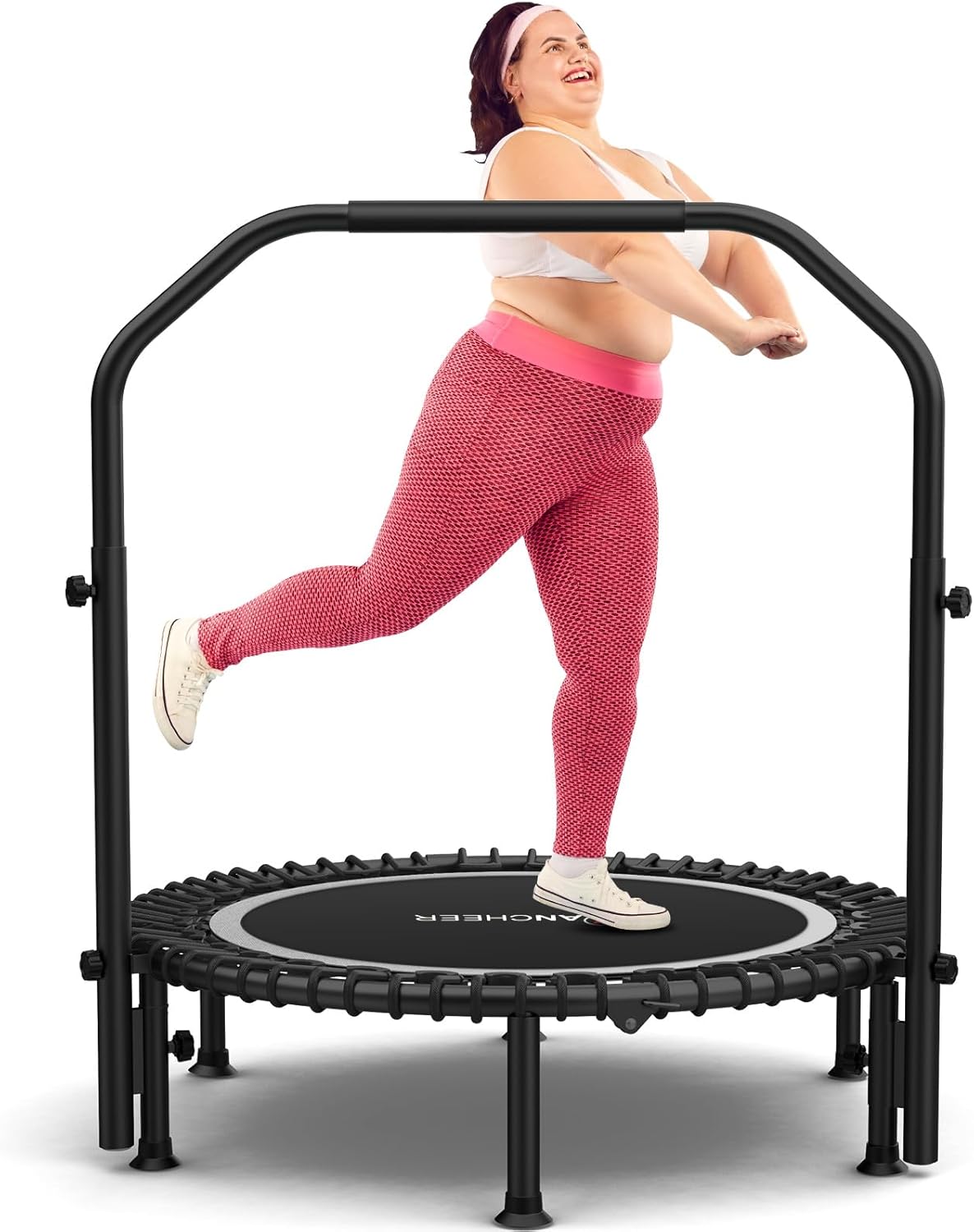 Bungee Rebounder Trampoline,ANCHEER 40/48" Foldable Fitness Trampoline with 4 Level Adjustable Handlebar, 450-550LBS Capacity, Resistance Ropes&Upgraded Bungees Safe for Home/Cardio,Indoor/Outdoor