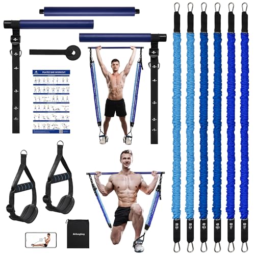 Upgraded Pilates Bar Kit with Resistance Bands Natural Latex for Women & Men, Heavy-Duty Stainless Steel Multifunctional Yoga Pilates Stick for Home Gym Exercise Fitness Equipment Full-Body Workouts