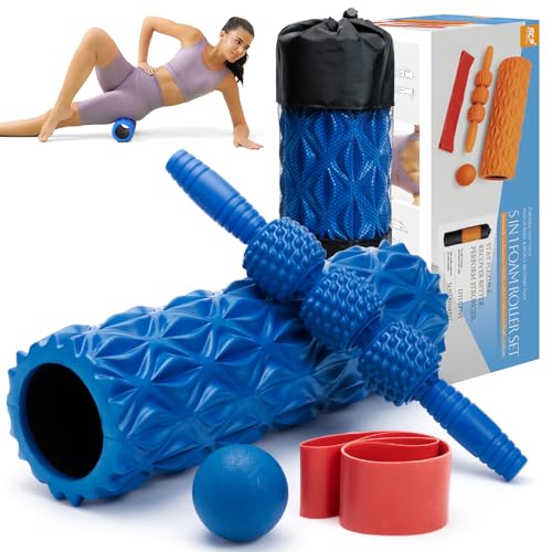 5 in1 Foam Roller Set, Trigger Point Foam Roller, Massage Roller Stick, Massage Ball, Resistance Band for Deep Muscle Massage Pilates Yoga,Fitness Exercise for Whole Body (Pure Blue)