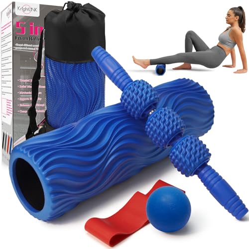 5-in-1 Foam Roller Set, Massage Roller Stick, Massage Ball, Resistance Band for Deep Muscle Massage, Trigger Point Release, Pilates, Yoga (Blue-Wave)