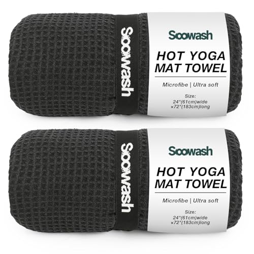 2 Pack Hot Yoga Towel, Yoga Mat Towels Non Slip for Hot Yoga with Strap, Microfiber Yoga Accessories, Soft Absorbent Quick Dry, Pilates Exercise Fitness 24" X 72"Black