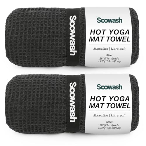Yoga Towel Mat, Non Slip Hot Yoga Mat Towel with Strap, 2 Pack Microfiber Sweat Mat, Soft Absorbent Quick Dry, Pilates Exercise Fitness 28" X 72"Black