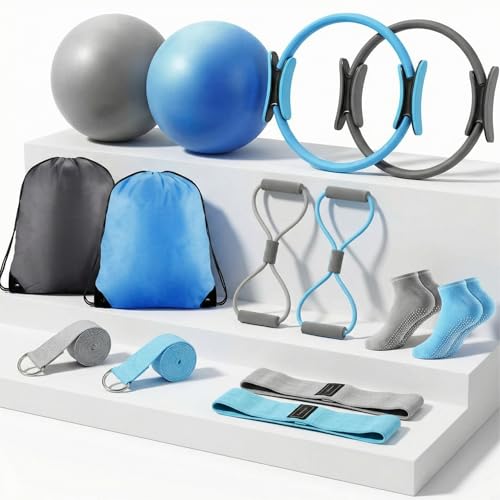 Poen Home Pilates Kit for Women Pilates Equipment Ring and Ball Set with Stretching Strap 8 Resistance Bands Non Slip Socks Gym Back Bags Exercise Equipment for Workout