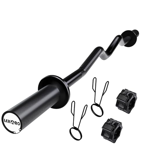 Olympic EZ Curl Barbell Bar, 48-inch Curling Bar, Fits 2-inch Weight Plates, Strength Training Bar for Squats, Hip Thrusts, Bench Press, and Weightlifting, with 2 Spring Collars (350LBS Weight Capacity)