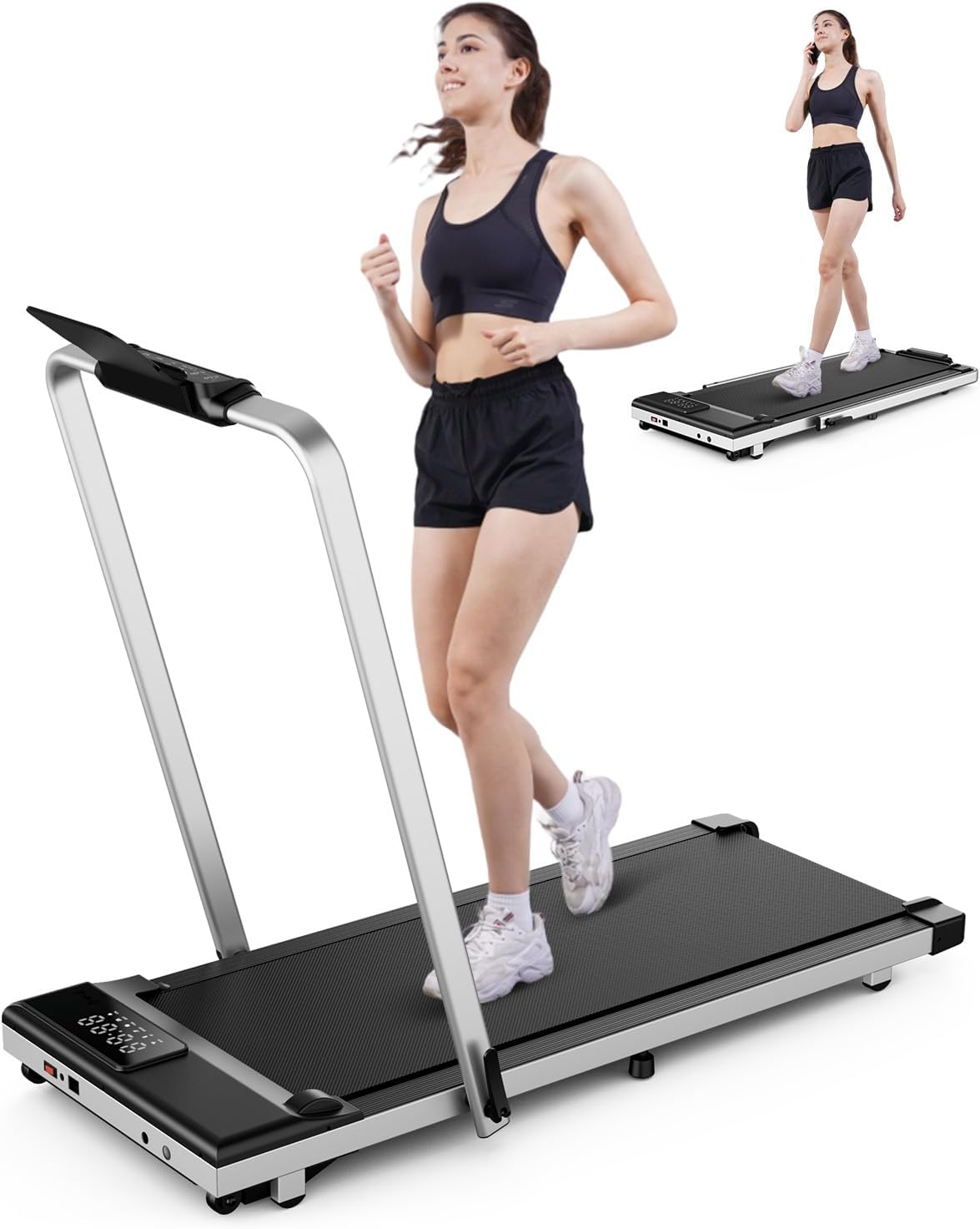 DeerRun 3 in 1 Walking Pad Treadmill, 300 Weight Capacity Foldable Treadmill, 3.0HP Low Noise Under Desk Treadmills for Home Office with Remote & APP