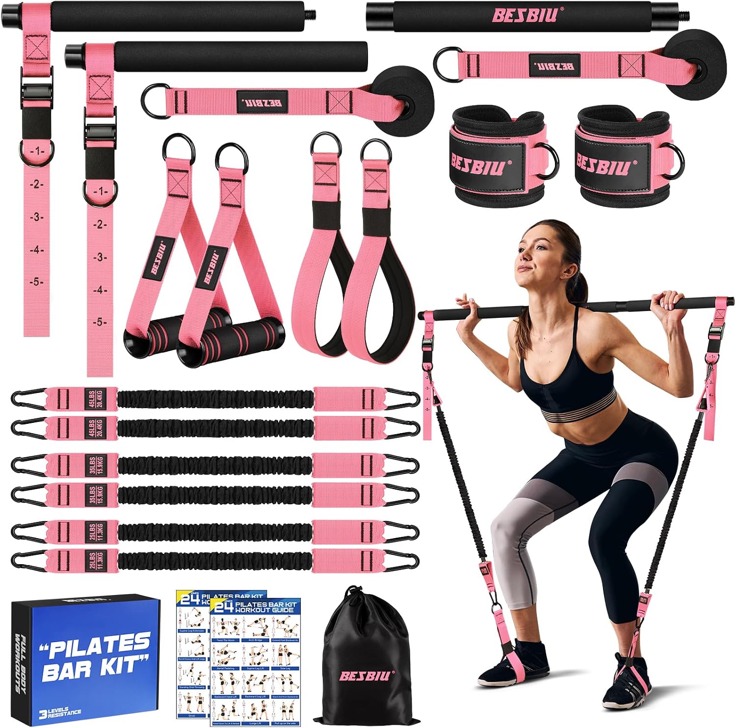 Pilates Bar Kit with Resistance Bands for Working Out, 210lbs Heavy Resistance Bands with Handles, Pilates Equipment with Resistance Band Bar for Men Women, at Home Gym Full Body Workout Equipment