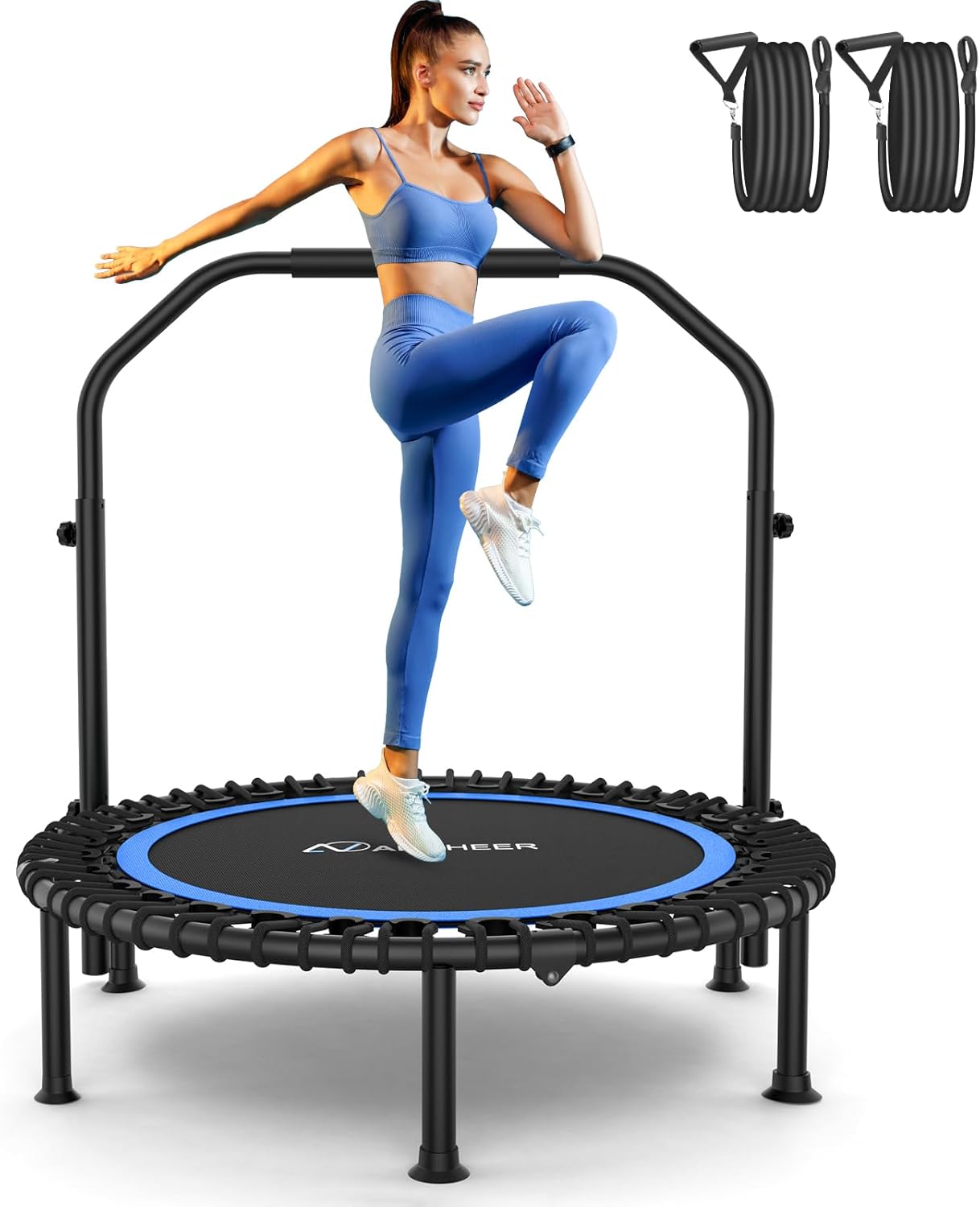 Bungee Rebounder Trampoline, ANCHEER 40/48" Foldable Fitness Trampoline with Resistance Ropes&Upgraded Bungees, 4 Level Adjustable Handlebar, 450-550LBS Capacity, Safe for Home/Cardio,Indoor/Outdoor