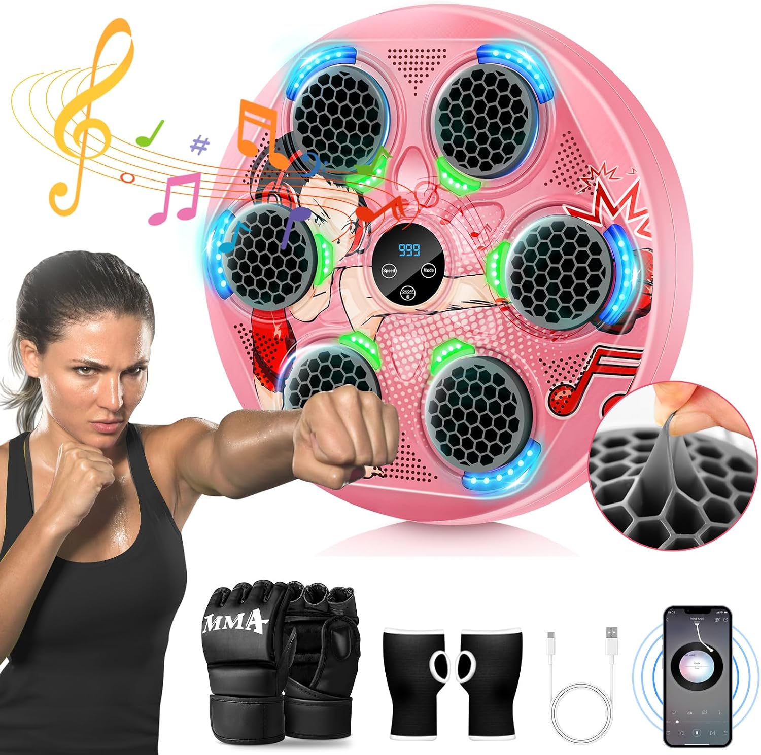 Music Boxing Machine for Kids and Teens Adults, Trainer Equipment with Gloves, Wall-Mounted Boxing Music Workout Machine, LED Electronic Focus Training for Home,Office, Gym