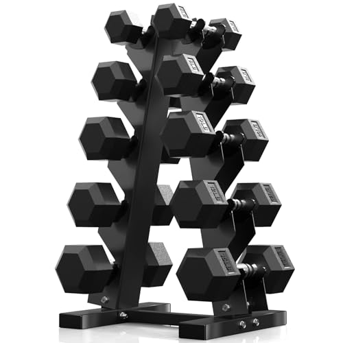 PAPABABE Hex Dumbbell Sets with Rack, 60-550lb Rubber Coated Dumbbell Weight Set and Storage Rack, Multiple Options (100 lb set)