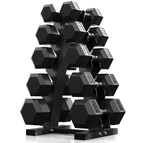 PAPABABE Hex Dumbbell Sets with Rack, 60-550lb Rubber Coated Dumbbell Weight Set and Storage Rack, Multiple Options (210 lb set)