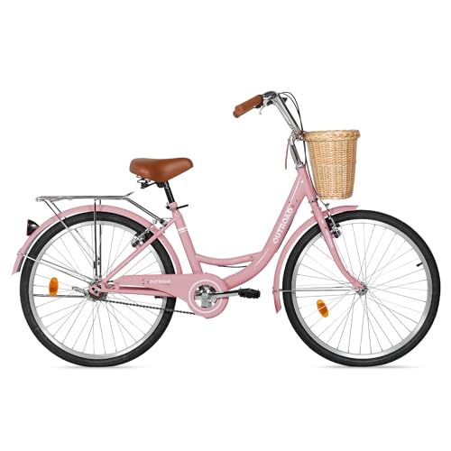 Beach Cruiser Bike for Adult, Womens Bicycle with Rattan Front Basket, 24 & 26 Inch Comfort Bikes with Adjustable Seat and Dual V-Brake (Pink & White & Green & Purple & Black)