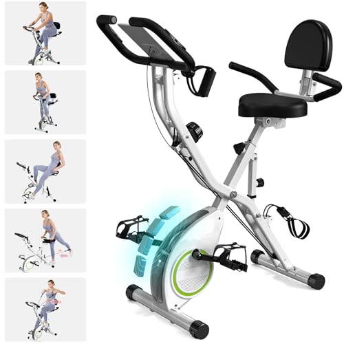 Foldable Exercise Bike Stationary Bikes for Home, 5 IN 1 Indoor Workout Bike with 16-Level Quiet Magnetic Resistance, 6.6 LBS Flywheel and 300LBS Capacity, 2025 Designed 817 X-bike (White)